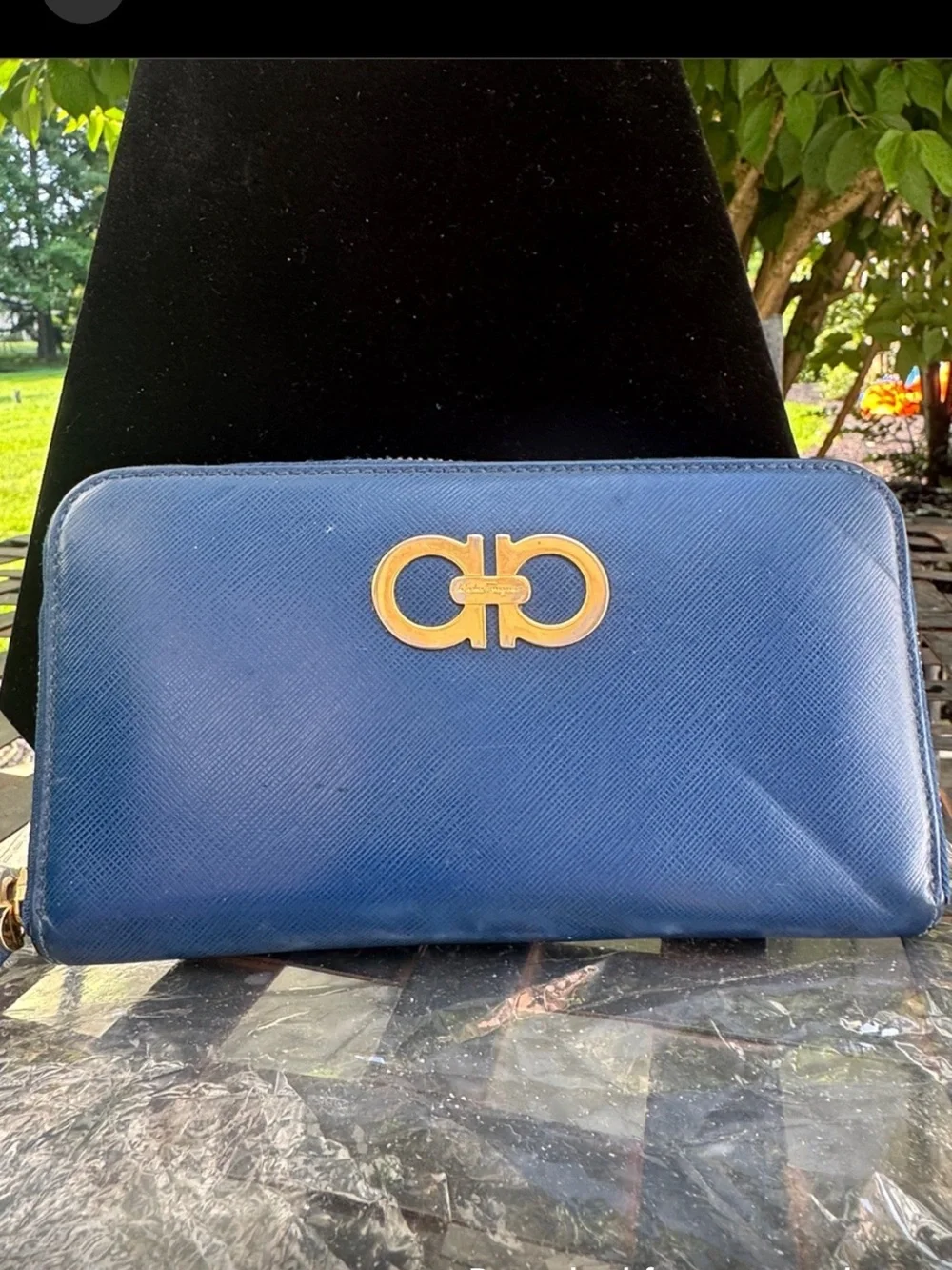 Salvatore Ferragamo Navy Blue Saffiano Zip Wallet with Gold Gancini